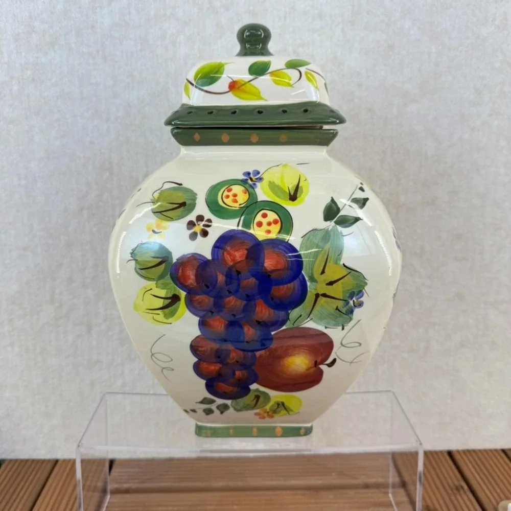 Nonni's Biscotti Cookie Jar Canister Fruits & Vines Hand Painted from Italy VTG